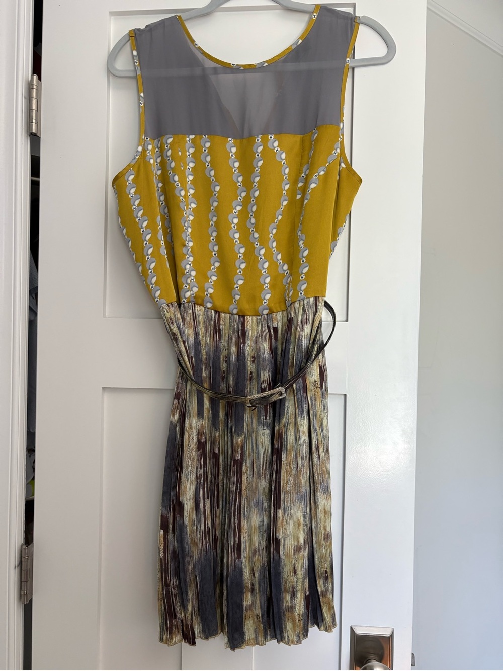 BCBGMaxAzria Mustard Yellow and Gray Pleated Midi Dress